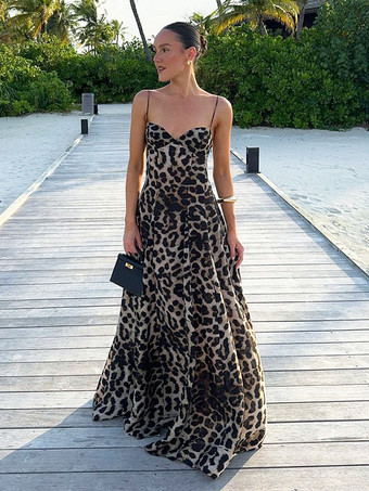 ブラック ヒョウ柄マキシ丈サマードレス（女性用） - アニマルプリントのセクシーなスパゲッティストラップフレアロングドレス - 2026年夏のビーチバケーション