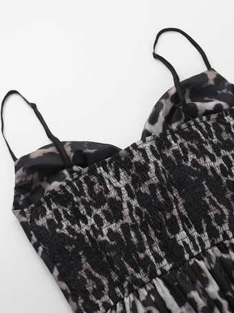 ヒョウ柄マキシ丈サマードレス（女性用） - アニマルプリントのセクシーなスパゲッティストラップフレアロングドレス - 2026年夏のビーチバケーション