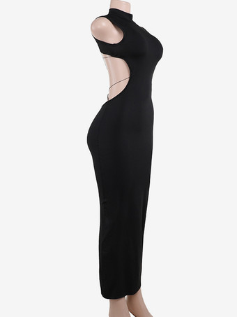 背中開きマキシドレス（女性用） - バタフライディテール モックネック ブラック ボディコン ロングドレス - 夏の夜のクラブウェア 2026