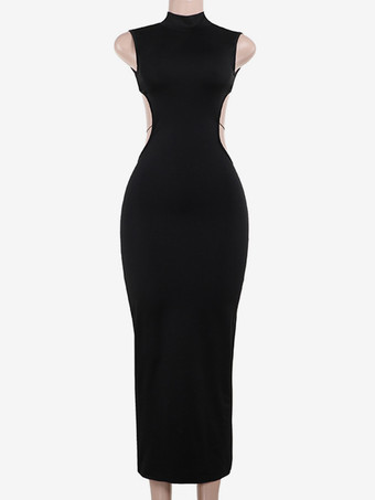 背中開きマキシドレス（女性用） - バタフライディテール モックネック ブラック ボディコン ロングドレス - 夏の夜のクラブウェア 2026