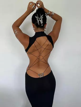 women's black backless dress Long Sleeve Backless Buckle Maxi Dress Black