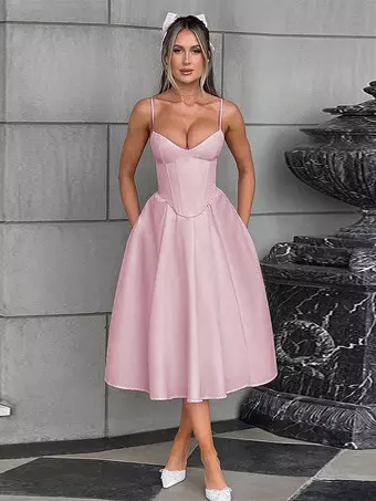 strapless open back dress Charming Dark Green Tea Length High Neckline Party Dress, Wedding Part –  BeautyDressy main image 1