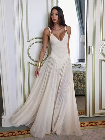 green emerald velvet dress Snyder Long Sleeve Sheer Maxi Dress | Cream | Womens main image 1