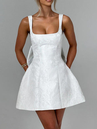 ジャカードコケットミニドレス（女性用） - バービーコア ビッグリボンバック ノースリーブ Aライン - 夏の誕生日パーティー衣装 2026