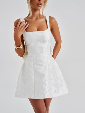 ジャカードコケットミニドレス（女性用） - バービーコア ビッグリボンバック ノースリーブ Aライン - 夏の誕生日パーティー衣装 2026