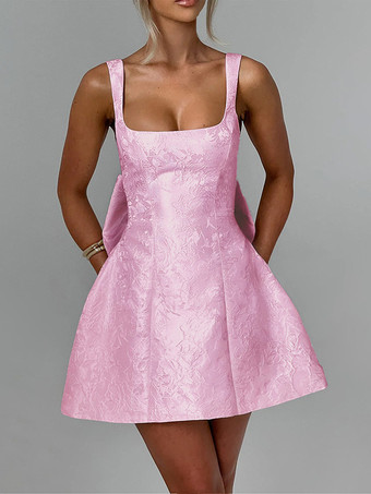 ピンクジャカードコケットミニドレス（女性用） - バービーコア ビッグリボンバック ノースリーブ Aライン - 夏の誕生日パーティー衣装 2026