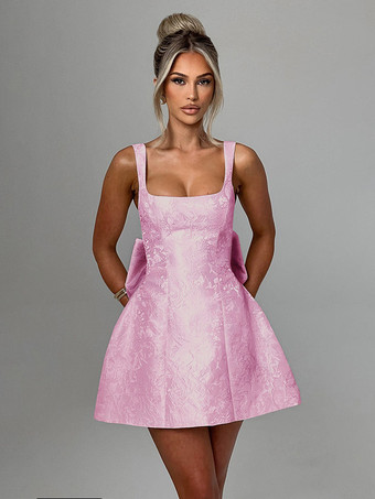 ジャカードコケットミニドレス（女性用） - バービーコア ビッグリボンバック ノースリーブ Aライン - 夏の誕生日パーティー衣装 2026