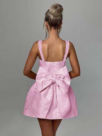 ジャカードコケットミニドレス（女性用） - バービーコア ビッグリボンバック ノースリーブ Aライン - 夏の誕生日パーティー衣装 2026