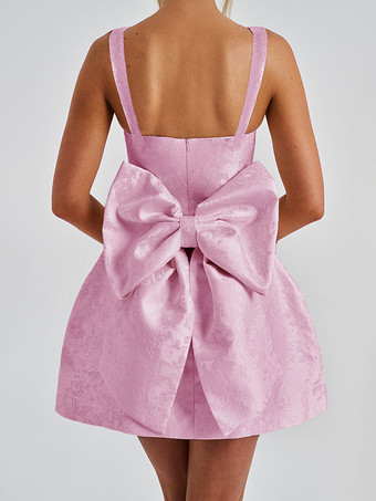 ジャカードコケットミニドレス（女性用） - バービーコア ビッグリボンバック ノースリーブ Aライン - 夏の誕生日パーティー衣装 2026