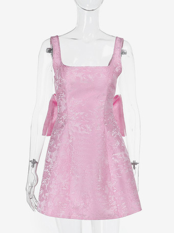 ジャカードコケットミニドレス（女性用） - バービーコア ビッグリボンバック ノースリーブ Aライン - 夏の誕生日パーティー衣装 2026