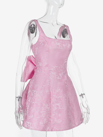 ジャカードコケットミニドレス（女性用） - バービーコア ビッグリボンバック ノースリーブ Aライン - 夏の誕生日パーティー衣装 2026