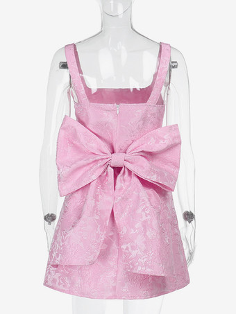 ジャカードコケットミニドレス（女性用） - バービーコア ビッグリボンバック ノースリーブ Aライン - 夏の誕生日パーティー衣装 2026