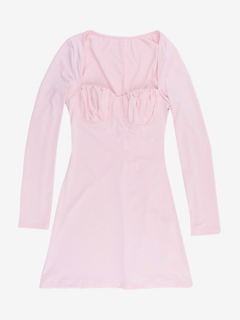 Coquette Bodycon Mini Dress For Women - Pastel Pink Long Sleeve Ruched Bust - Spring Brunch Date Night Outfits 2026