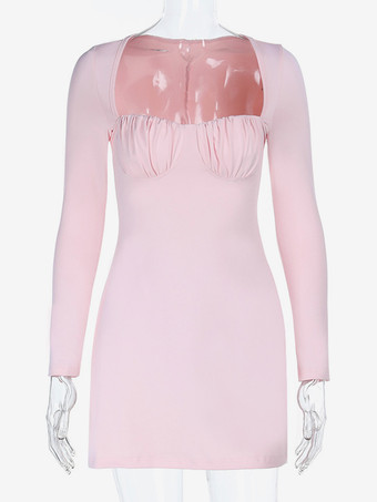 Coquette Bodycon Mini Dress For Women - Pastel Pink Long Sleeve Ruched Bust - Spring Brunch Date Night Outfits 2026