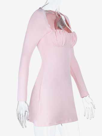 Coquette Bodycon Mini Dress For Women - Pastel Pink Long Sleeve Ruched Bust - Spring Brunch Date Night Outfits 2026