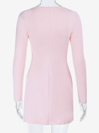 Coquette Bodycon Mini Dress For Women - Pastel Pink Long Sleeve Ruched Bust - Spring Brunch Date Night Outfits 2026