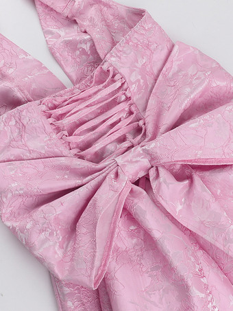 ジャカードコケットミニドレス（女性用） - ホルターネック、レースアップ、大きなリボン、バックスケータースタイル - 夏の誕生日パーティー衣装 2026