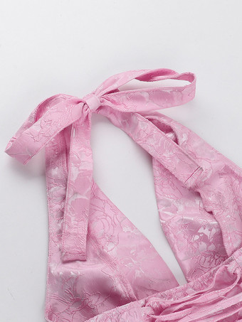 ジャカードコケットミニドレス（女性用） - ホルターネック、レースアップ、大きなリボン、バックスケータースタイル - 夏の誕生日パーティー衣装 2026