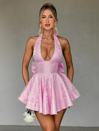 ジャカードコケットミニドレス（女性用） - ホルターネック、レースアップ、大きなリボン、バックスケータースタイル - 夏の誕生日パーティー衣装 2026