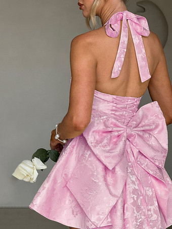 ジャカードコケットミニドレス（女性用） - ホルターネック、レースアップ、大きなリボン、バックスケータースタイル - 夏の誕生日パーティー衣装 2026