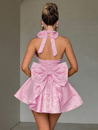 ジャカードコケットミニドレス（女性用） - ホルターネック、レースアップ、大きなリボン、バックスケータースタイル - 夏の誕生日パーティー衣装 2026