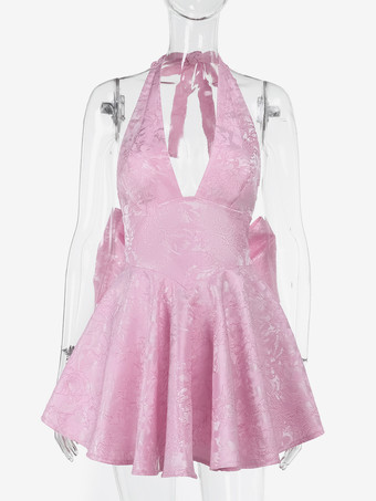 ジャカードコケットミニドレス（女性用） - ホルターネック、レースアップ、大きなリボン、バックスケータースタイル - 夏の誕生日パーティー衣装 2026