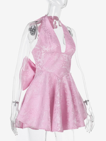 ジャカードコケットミニドレス（女性用） - ホルターネック、レースアップ、大きなリボン、バックスケータースタイル - 夏の誕生日パーティー衣装 2026