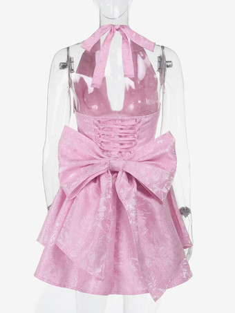 ジャカードコケットミニドレス（女性用） - ホルターネック、レースアップ、大きなリボン、バックスケータースタイル - 夏の誕生日パーティー衣装 2026