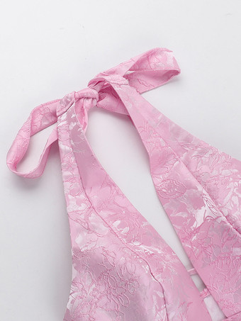 ジャカードコケットミニドレス（女性用） - ホルターネック、レースアップ、大きなリボン、バックスケータースタイル - 夏の誕生日パーティー衣装 2026