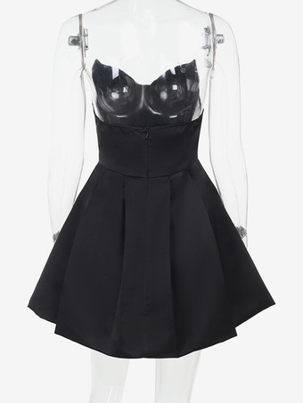 コルセット風コケットサテンドレス（女性用） - ブラックゴシック スウィートハート ボーン入りノースリーブ Aラインドレス - 2026年夏の誕生日パーティー