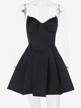 コルセット風コケットサテンドレス（女性用） - ブラックゴシック スウィートハート ボーン入りノースリーブ Aラインドレス - 2026年夏の誕生日パーティー