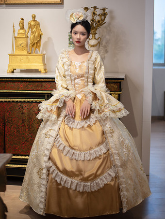 ゴールド ゴールデン ヴィンテージ ヴィクトリアン ロココ ドレス レース フリル トリム フレア ロングスリーブ ボールガウン ドレス