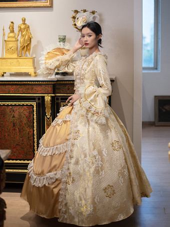 ゴールデン ヴィンテージ ヴィクトリアン ロココ ドレス レース フリル トリム フレア ロングスリーブ ボールガウン ドレス