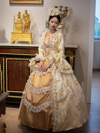 ゴールデン ヴィンテージ ヴィクトリアン ロココ ドレス レース フリル トリム フレア ロングスリーブ ボールガウン ドレス