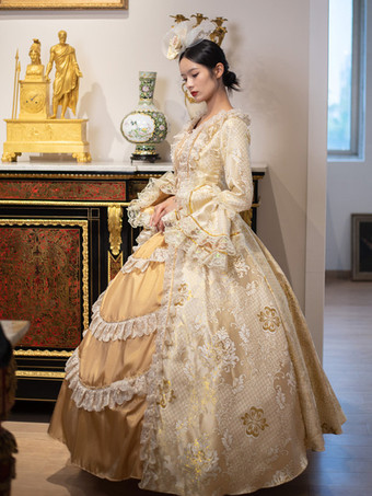 ゴールデン ヴィンテージ ヴィクトリアン ロココ ドレス レース フリル トリム フレア ロングスリーブ ボールガウン ドレス