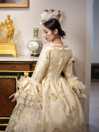 ゴールデン ヴィンテージ ヴィクトリアン ロココ ドレス レース フリル トリム フレア ロングスリーブ ボールガウン ドレス