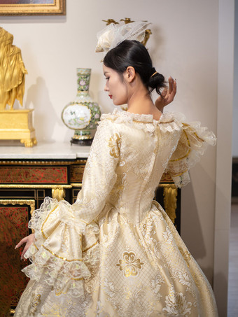 ゴールデン ヴィンテージ ヴィクトリアン ロココ ドレス レース フリル トリム フレア ロングスリーブ ボールガウン ドレス