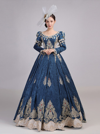 レイクブルー バーガンディ色のヴィクトリアンロココ調ドレス、Vネック、長袖、ボールガウンドレス