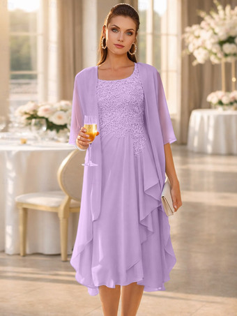 ライラック2ピース マザーズドレス ジュエルネック 3/4丈袖 ツーピース レース ゲストドレス 結婚式用