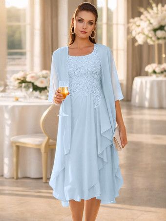 スカイブルー 2ピース マザーズドレス ジュエルネック 3/4丈袖 ツーピース レース ゲストドレス 結婚式用