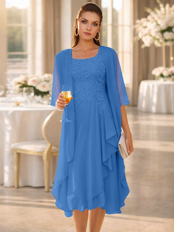 オーシャンブルー2ピース マザーズドレス ジュエルネック 3/4丈袖 ツーピース レース ゲストドレス 結婚式用