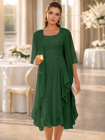 ダークグリーン2ピース マザーズドレス ジュエルネック 3/4丈袖 ツーピース レース ゲストドレス 結婚式用