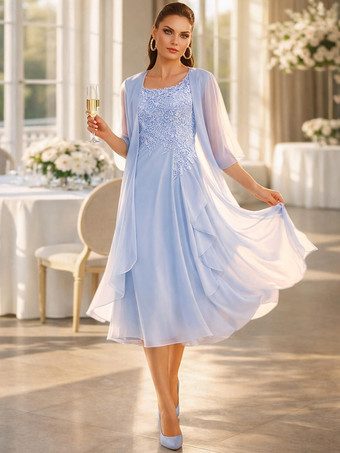 ベビーブルー2ピース マザーズドレス ジュエルネック 3/4丈袖 ツーピース レース ゲストドレス 結婚式用