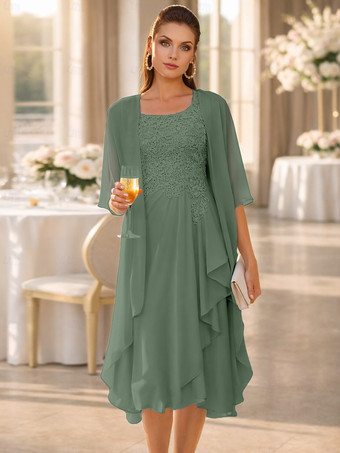 セージグリーン2ピース マザーズドレス ジュエルネック 3/4丈袖 ツーピース レース ゲストドレス 結婚式用