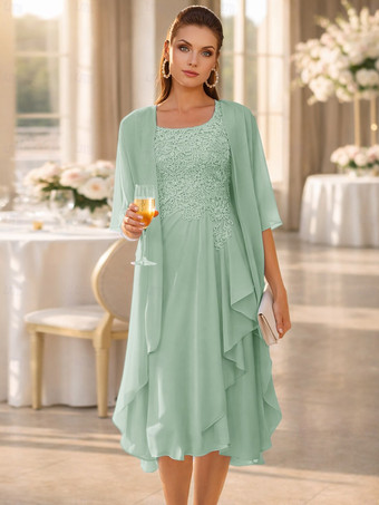 パステルグリーン2ピース マザーズドレス ジュエルネック 3/4丈袖 ツーピース レース ゲストドレス 結婚式用