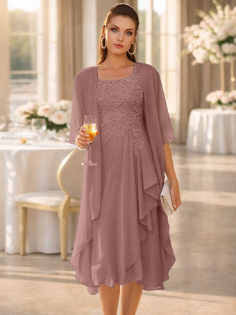 サーモンピンク2ピース マザーズドレス ジュエルネック 3/4丈袖 ツーピース レース ゲストドレス 結婚式用