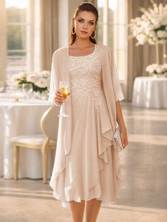 バニラクリーム2ピース マザーズドレス ジュエルネック 3/4丈袖 ツーピース レース ゲストドレス 結婚式用