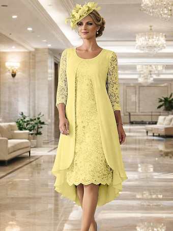 スイセン色2ピース マザーズドレス ジュエルネック 3/4丈袖 Aライン レース ウェディングゲストドレス