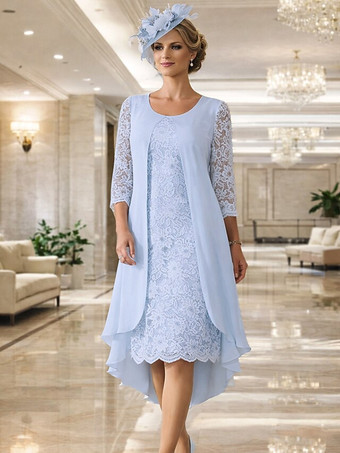 ベビーブルー2ピース マザーズドレス ジュエルネック 3/4丈袖 Aライン レース ウェディングゲストドレス