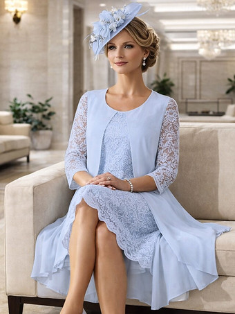 2ピース マザーズドレス ジュエルネック 3/4丈袖 Aライン レース ウェディングゲストドレス